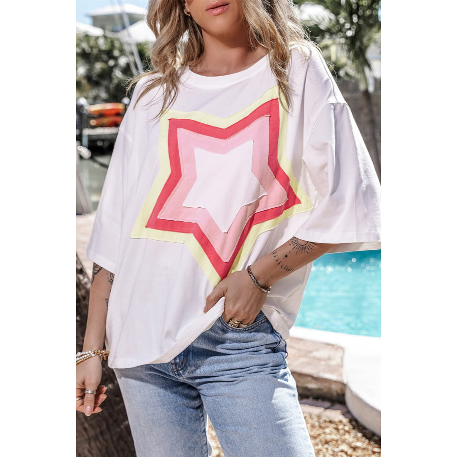 Star Round Neck Dropped Shoulder T - Shirt Apparel and Accessories