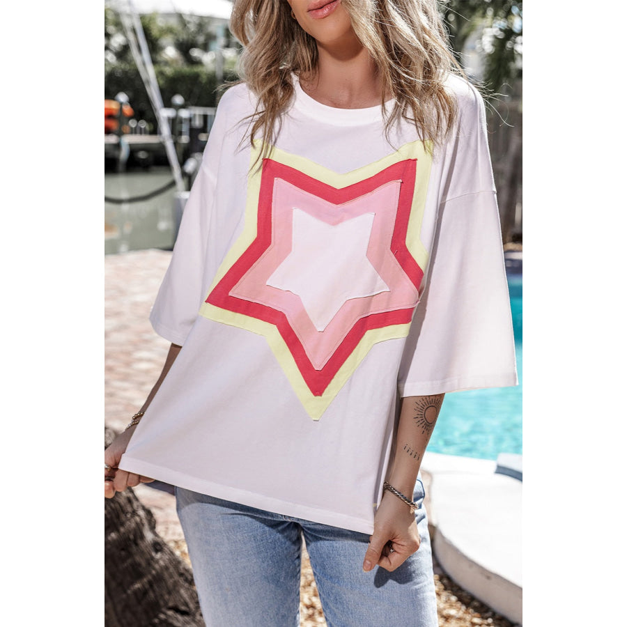 Star Round Neck Dropped Shoulder T - Shirt White / S Apparel and Accessories