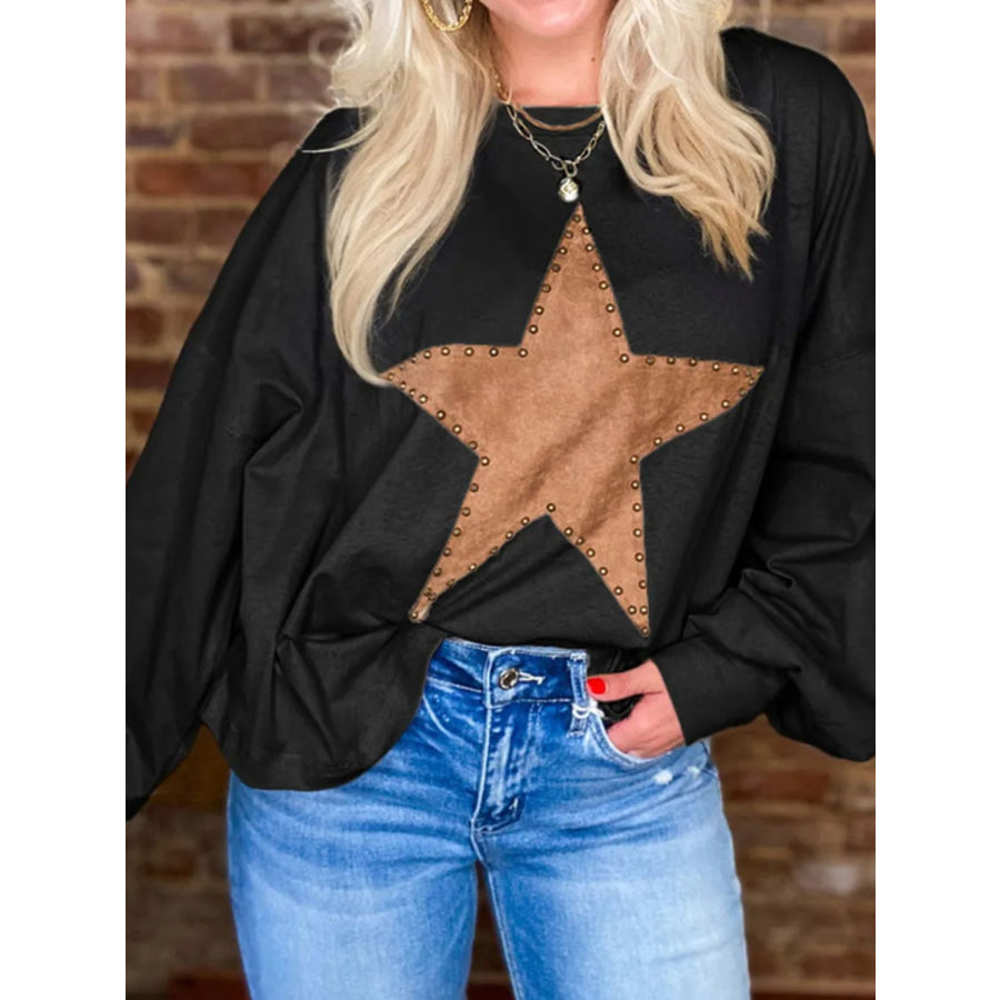 Star Round Neck Long Sleeve Blouse Black / XL Apparel and Accessories