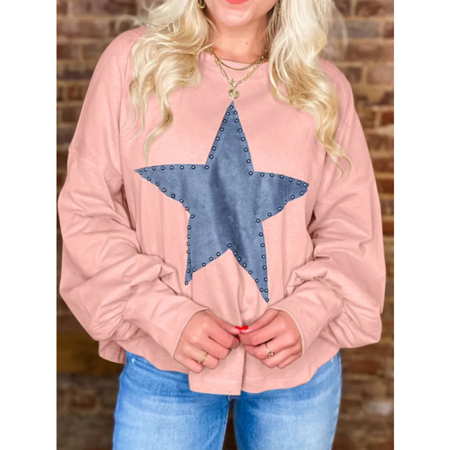 Star Round Neck Long Sleeve Blouse Blush Pink / L Apparel and Accessories