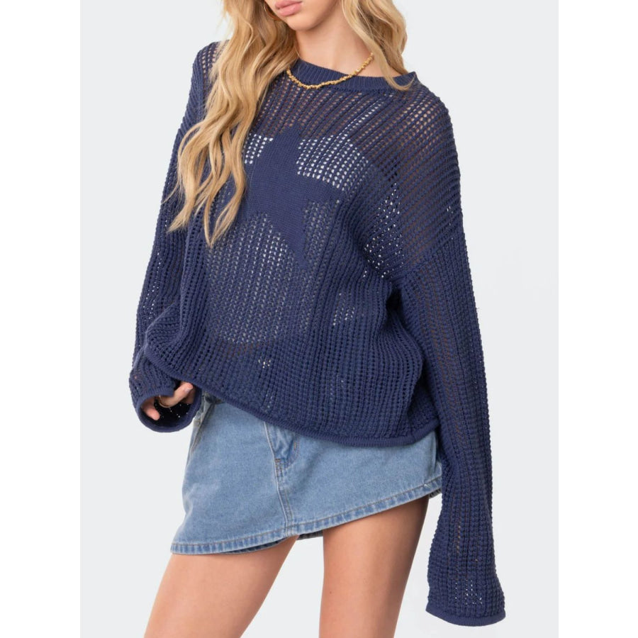 Star Round Neck Long Sleeve Knit Top Apparel and Accessories