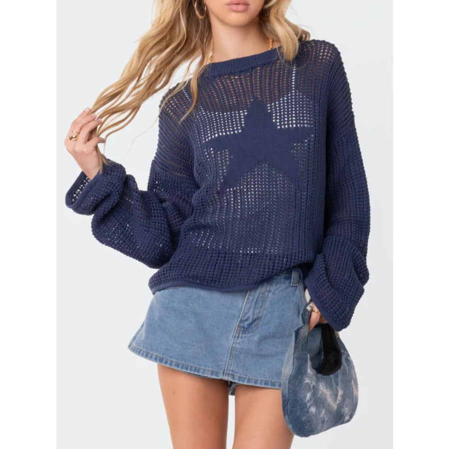 Star Round Neck Long Sleeve Knit Top Apparel and Accessories