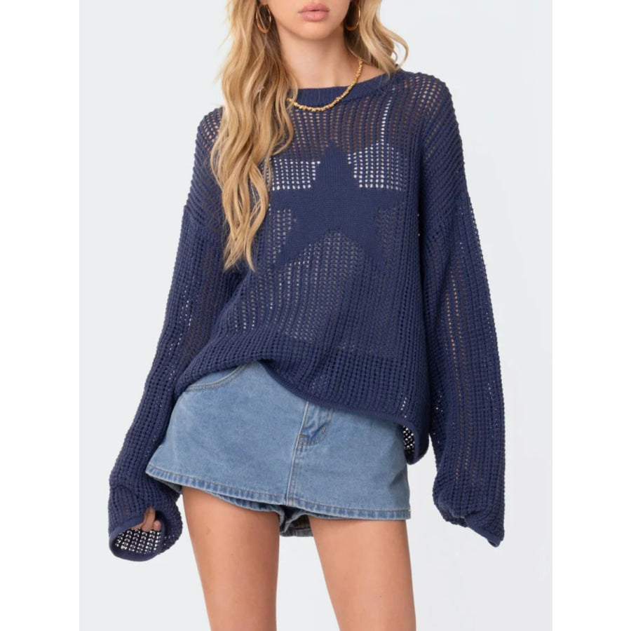 Star Round Neck Long Sleeve Knit Top Apparel and Accessories