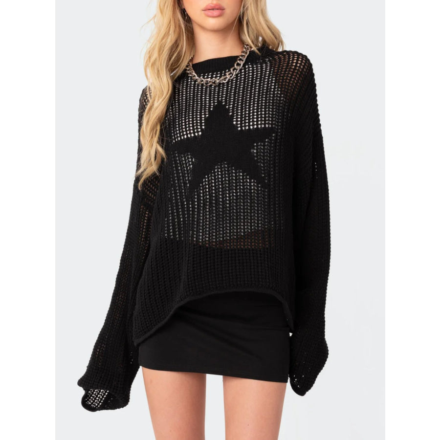 Star Round Neck Long Sleeve Knit Top Black / One Size Apparel and Accessories