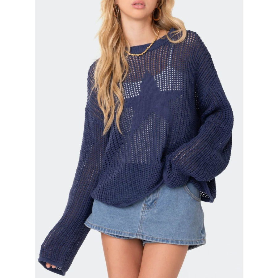 Star Round Neck Long Sleeve Knit Top Dusty Blue / One Size Apparel and Accessories