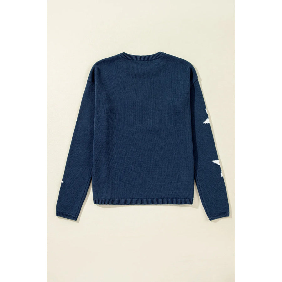 Star Round Neck Long Sleeve Sweater Apparel and Accessories