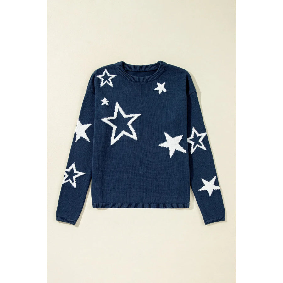 Star Round Neck Long Sleeve Sweater Apparel and Accessories