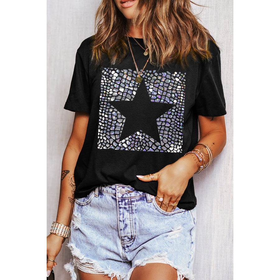 Star Round Neck Short Sleeve T-Shirt Apparel and Accessories