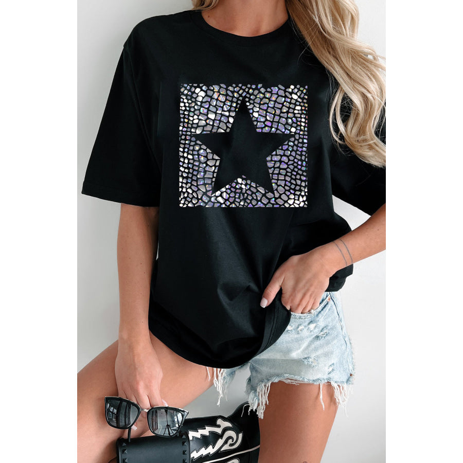 Star Round Neck Short Sleeve T-Shirt Black / S Apparel and Accessories