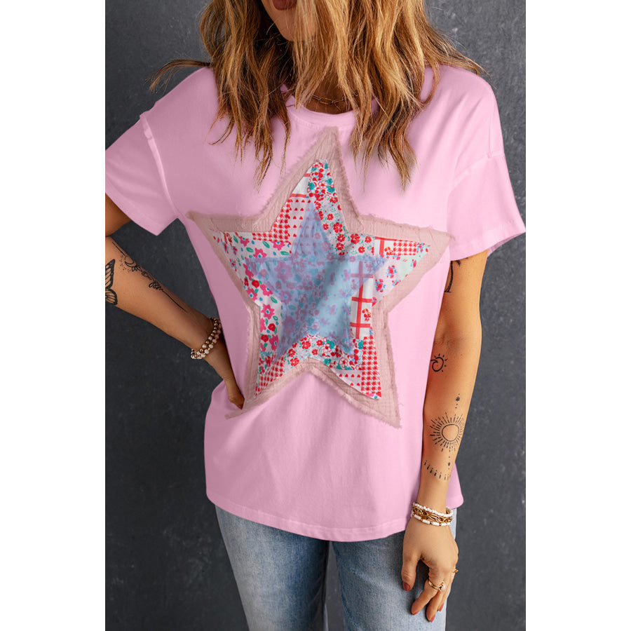 Star Round Neck Short Sleeve T-Shirt Blush Pink / S Apparel and Accessories