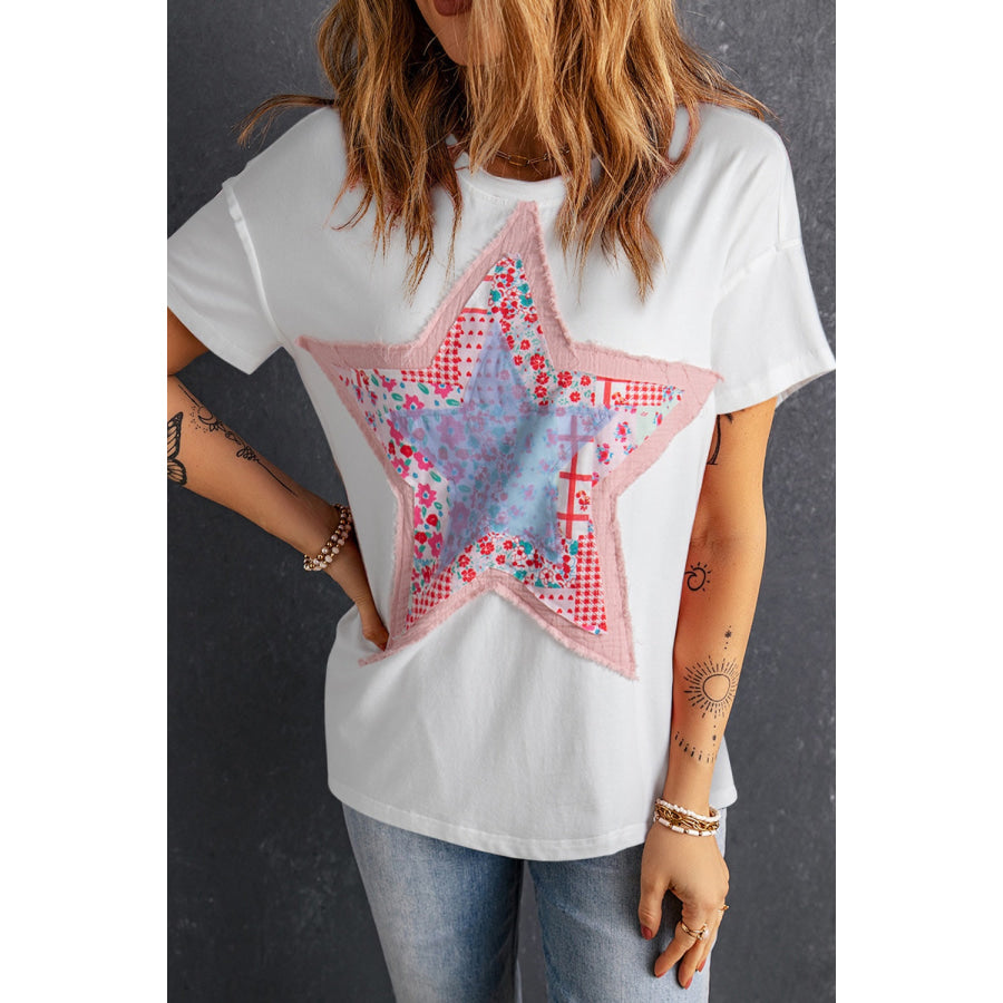 Star Round Neck Short Sleeve T-Shirt White / S Apparel and Accessories