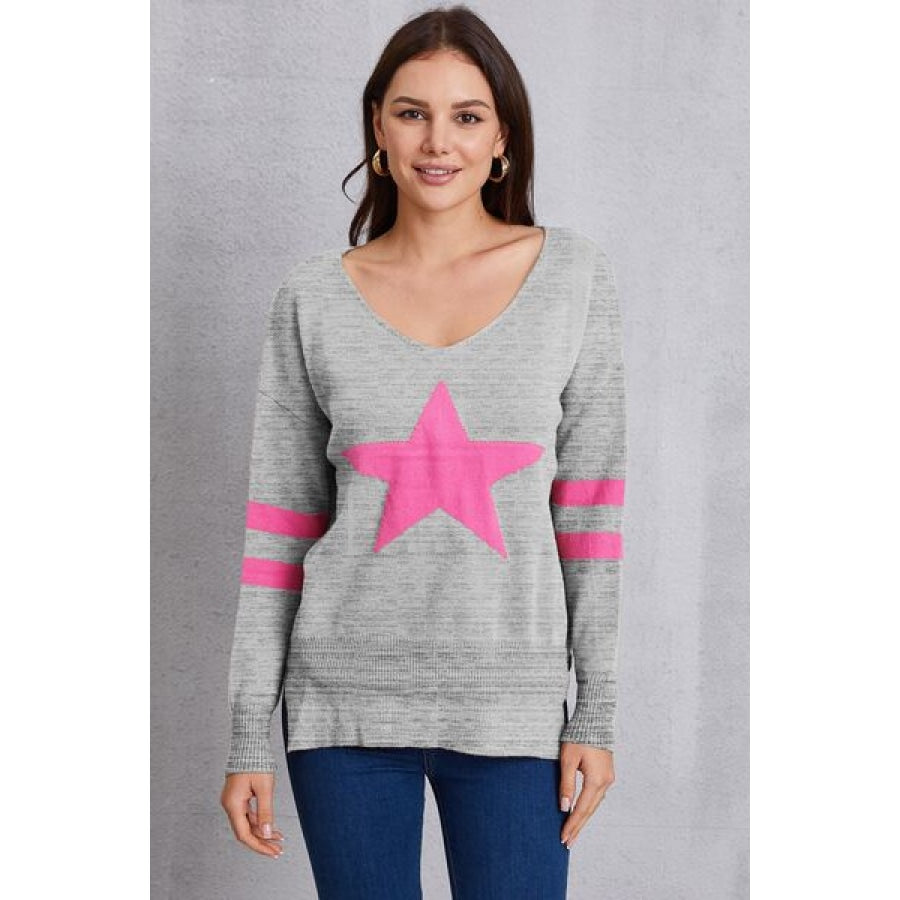 Star Scoop Neck Dropped Shoulder T-Shirt Heather Gray / S Clothing