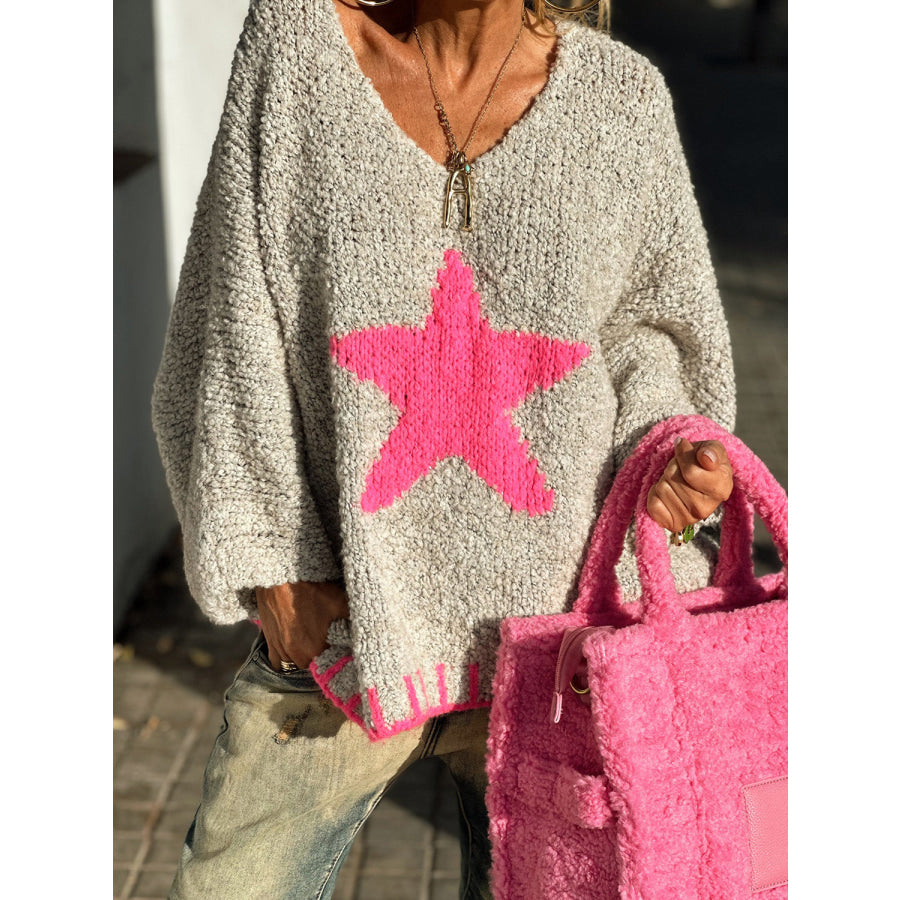 Star V-Neck Long Sleeve Oversize Sweater Apparel and Accessories