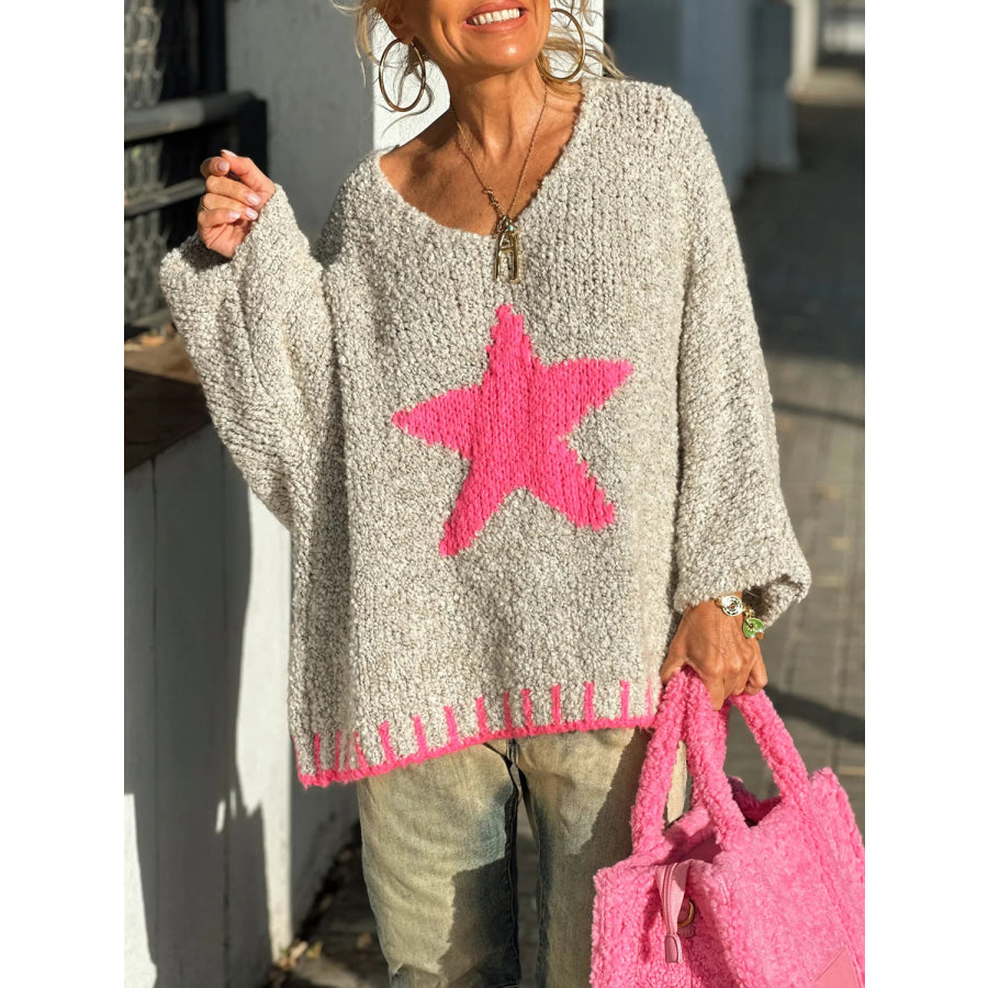 Star V-Neck Long Sleeve Oversize Sweater Apparel and Accessories