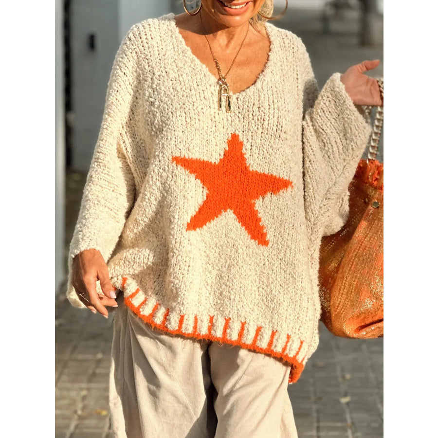 Star V-Neck Long Sleeve Oversize Sweater Apparel and Accessories