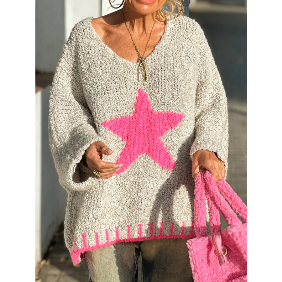 Star V-Neck Long Sleeve Oversize Sweater Apparel and Accessories