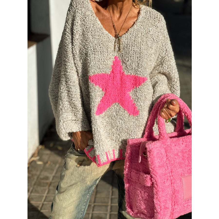 Star V-Neck Long Sleeve Oversize Sweater Apparel and Accessories