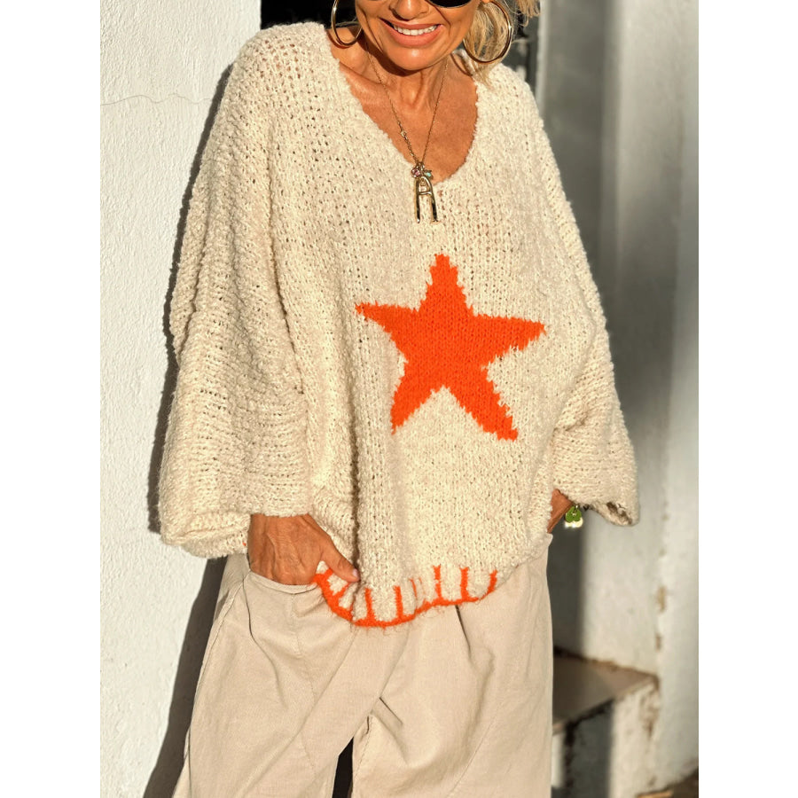 Star V-Neck Long Sleeve Oversize Sweater Apparel and Accessories