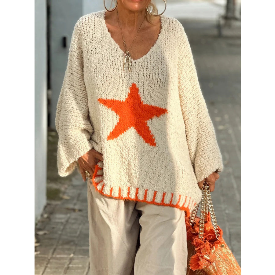 Star V-Neck Long Sleeve Oversize Sweater Apparel and Accessories