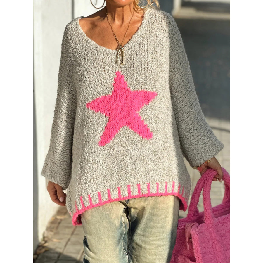 Star V-Neck Long Sleeve Oversize Sweater Hot Pink / S/M Apparel and Accessories