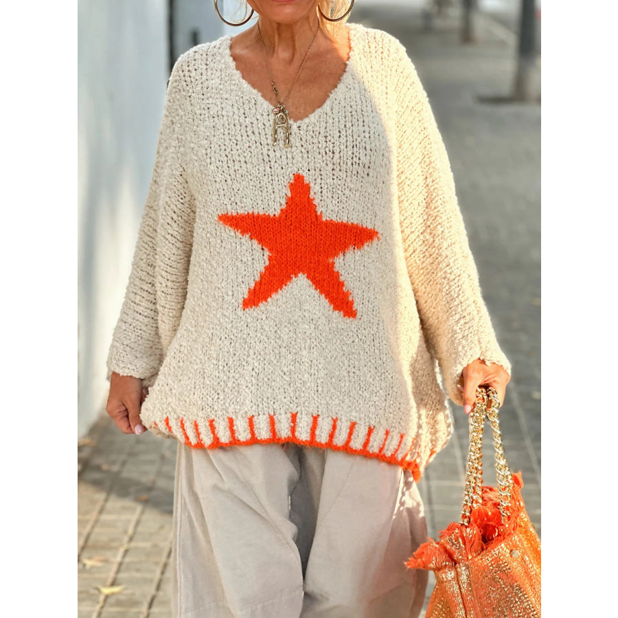 Star V-Neck Long Sleeve Oversize Sweater Orange / S/M Apparel and Accessories