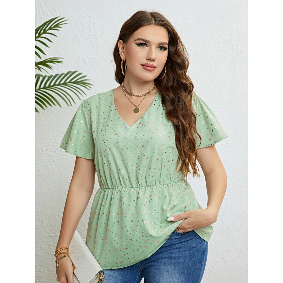 Star V-Neck Puff Sleeve Peplum Top Light Green / 1XL