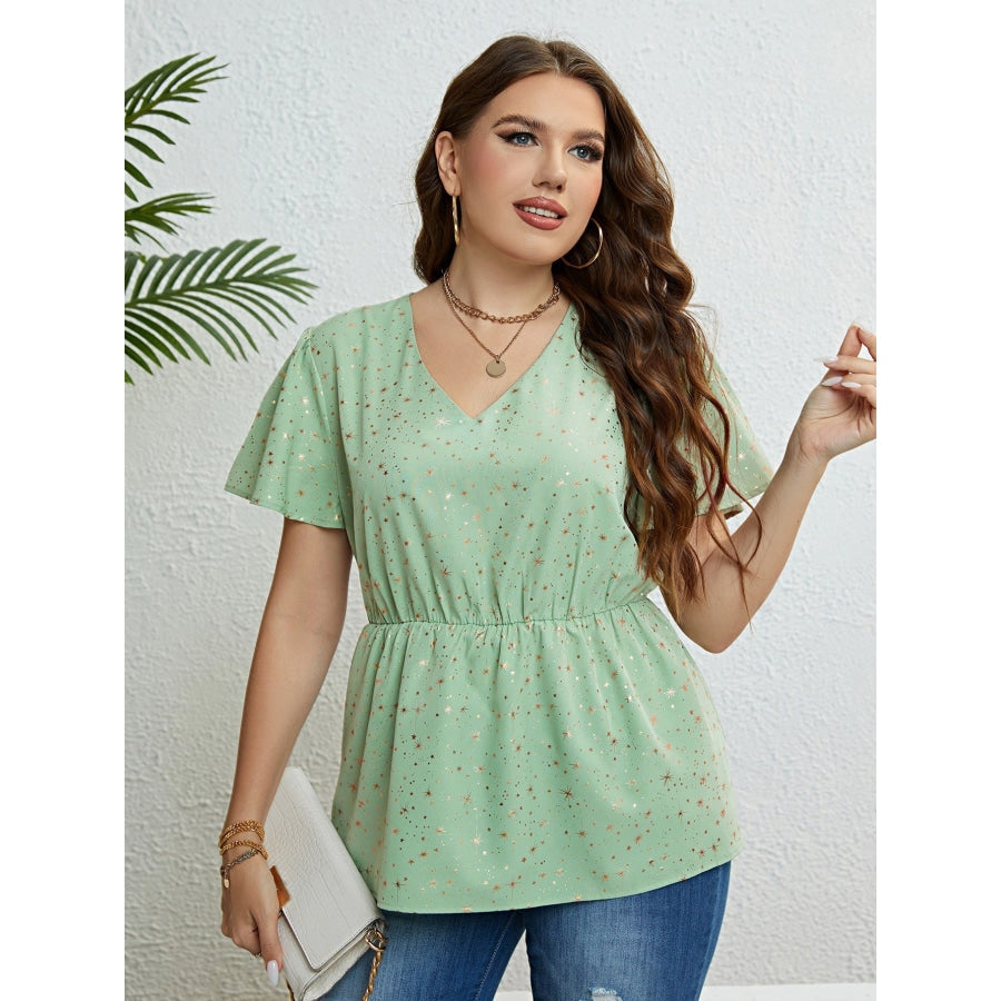 Star V-Neck Puff Sleeve Peplum Top