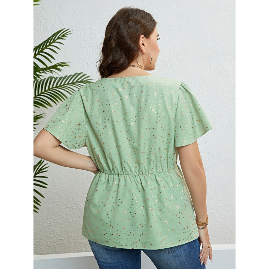 Star V-Neck Puff Sleeve Peplum Top Light Green / 1XL