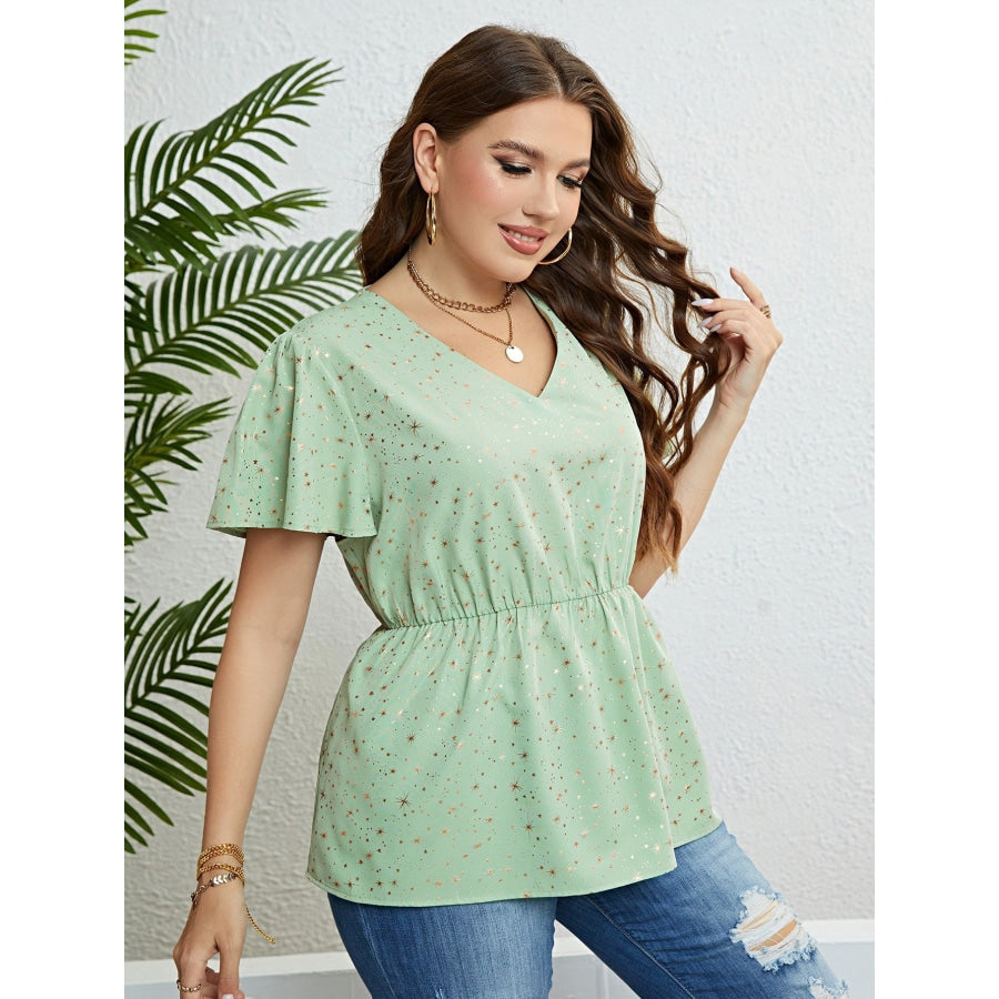 Star V-Neck Puff Sleeve Peplum Top