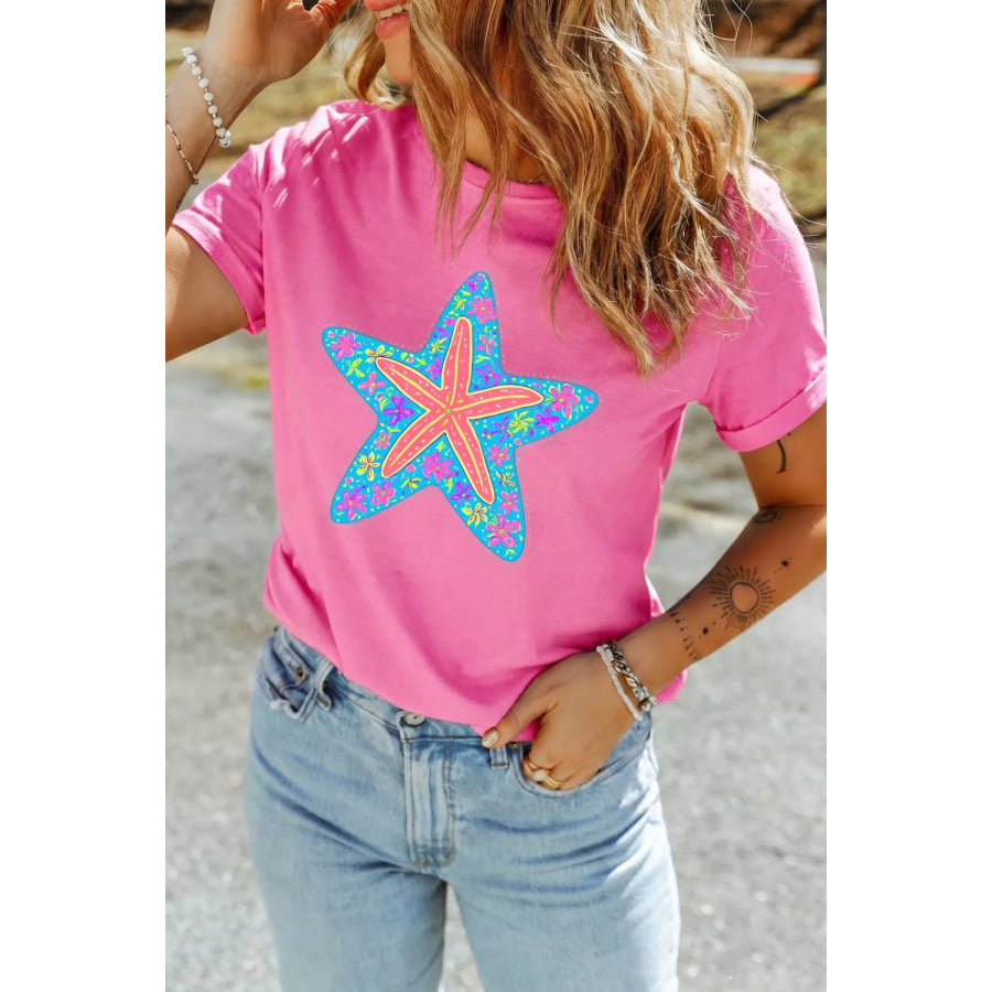 Starfish Graphic Round Neck T-Shirt Fuchsia Pink / S Apparel and Accessories