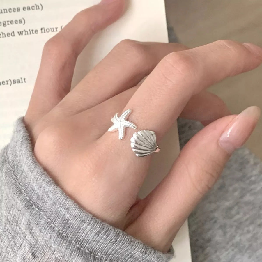 Starfish & Seashell Open Ring Silver / One Size Apparel and Accessories