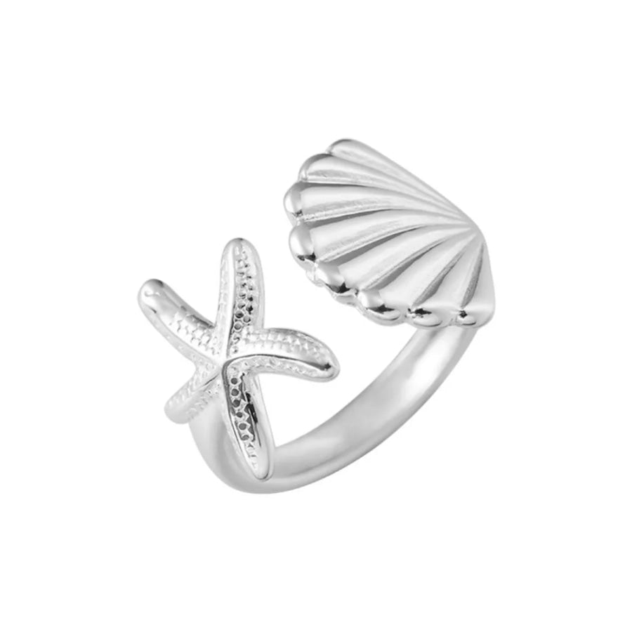 Starfish & Seashell Open Ring Silver / One Size Apparel and Accessories