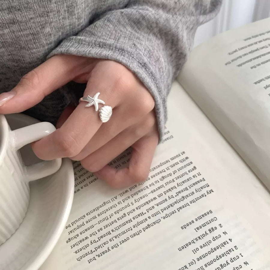 Starfish & Seashell Open Ring Silver / One Size Apparel and Accessories
