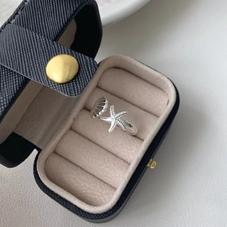 Starfish & Seashell Open Ring Silver / One Size Apparel and Accessories