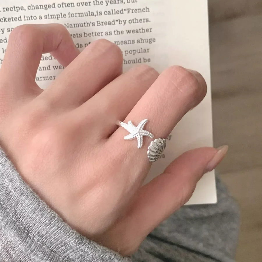 Starfish & Seashell Open Ring Silver / One Size Apparel and Accessories