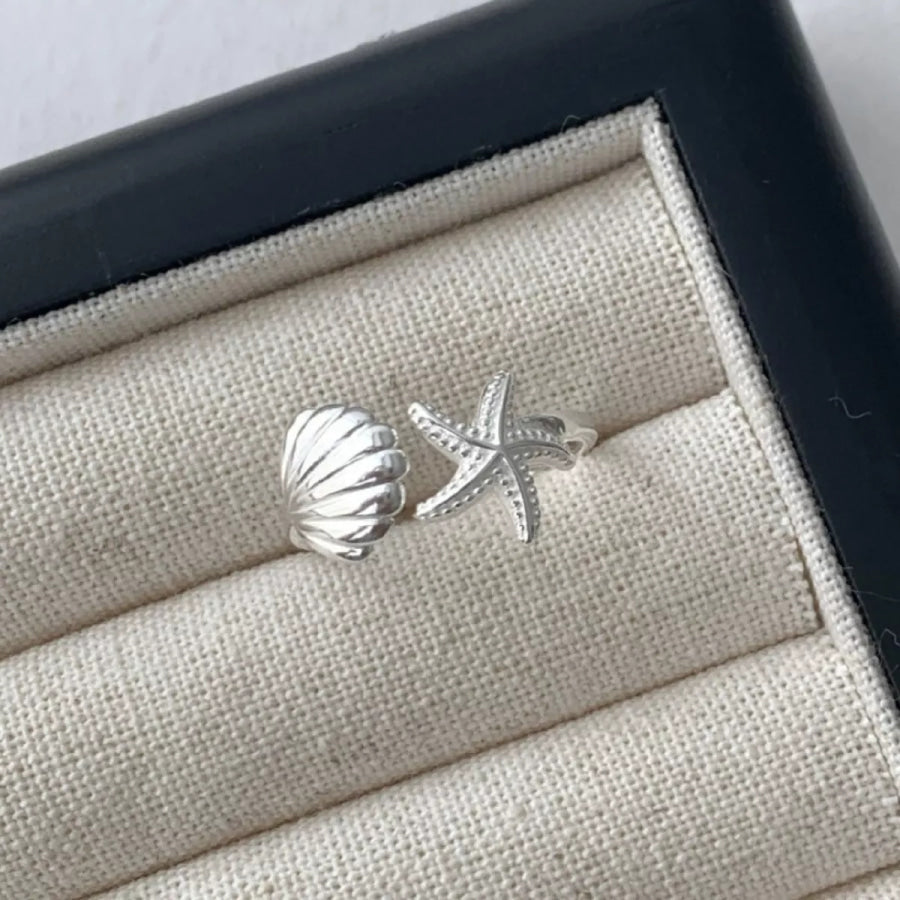 Starfish & Seashell Open Ring Silver / One Size Apparel and Accessories