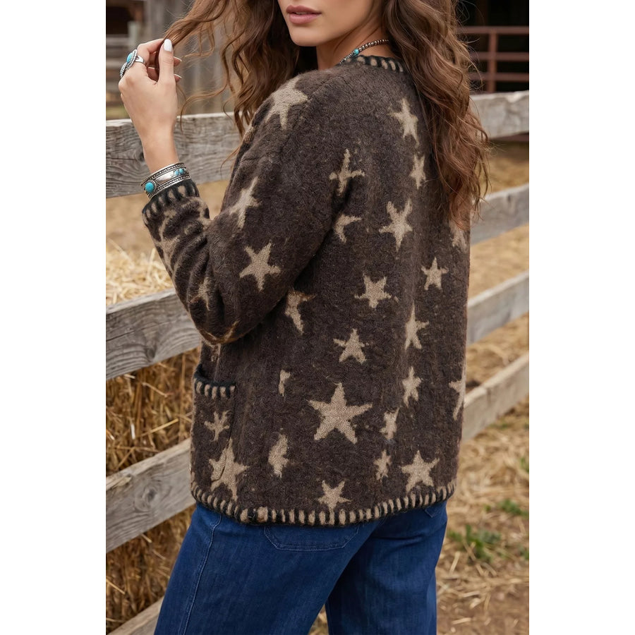 Stars Pattern Colorblock Long Sleeve Shift Cardigan Apparel and Accessories