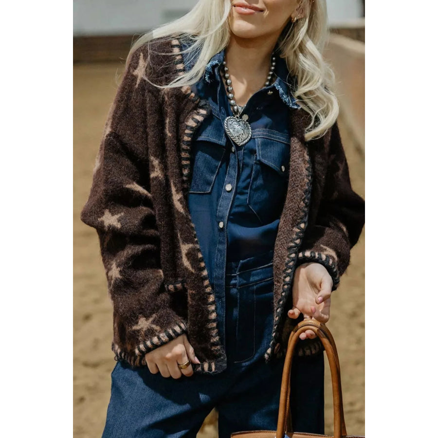 Stars Pattern Colorblock Long Sleeve Shift Cardigan Apparel and Accessories