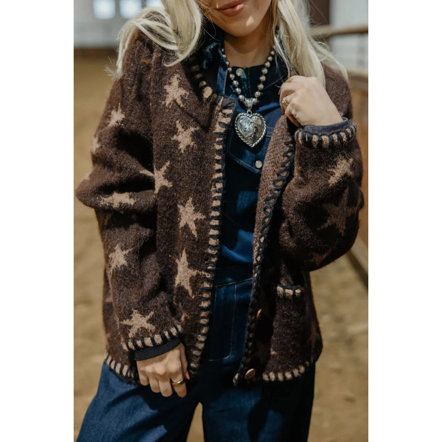 Stars Pattern Colorblock Long Sleeve Shift Cardigan Apparel and Accessories