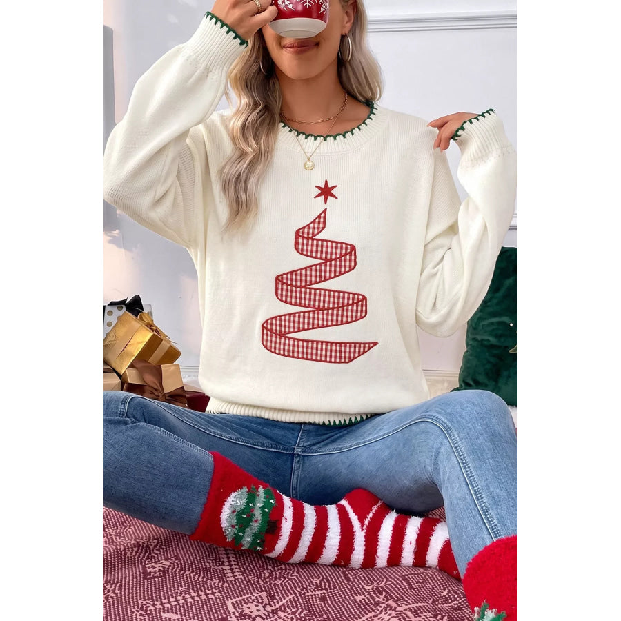 Stitched Detail Christmas Tree Holiday Casual Sweater Apparel and Accessories