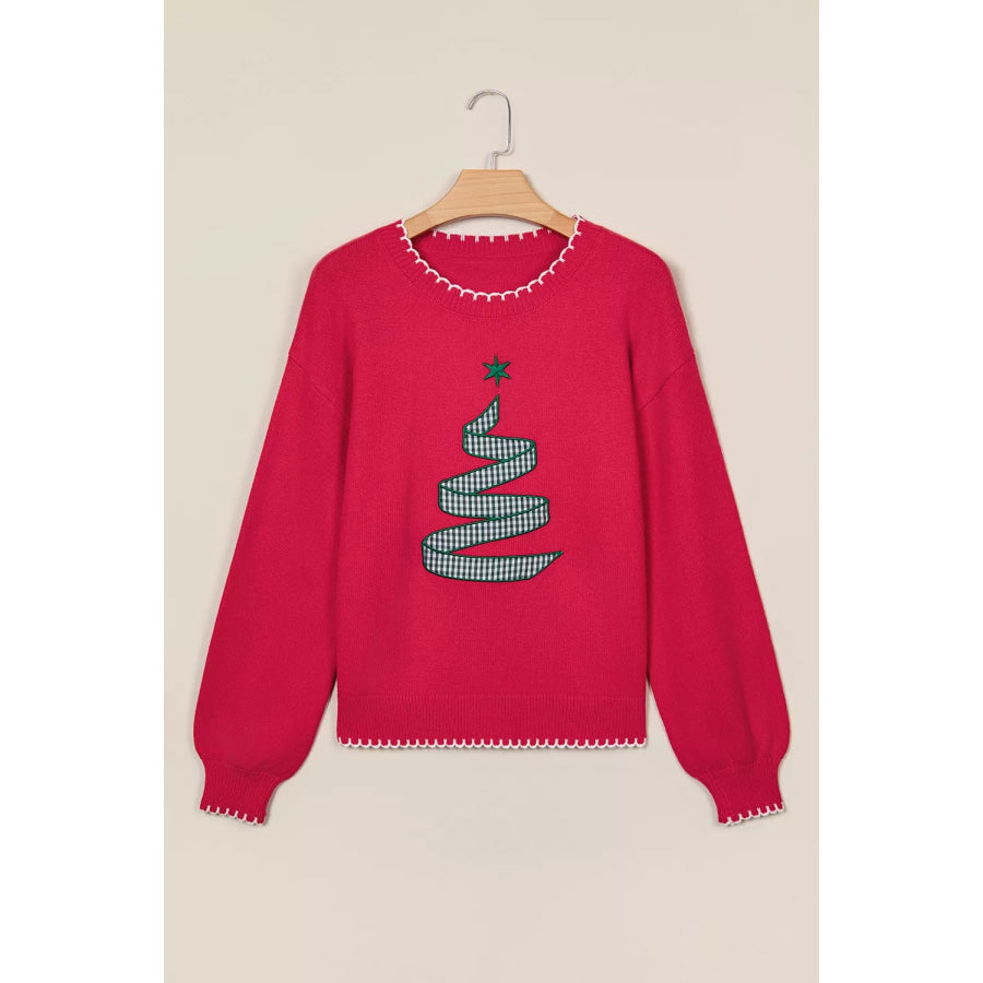 Stitched Detail Christmas Tree Holiday Casual Sweater Apparel and Accessories