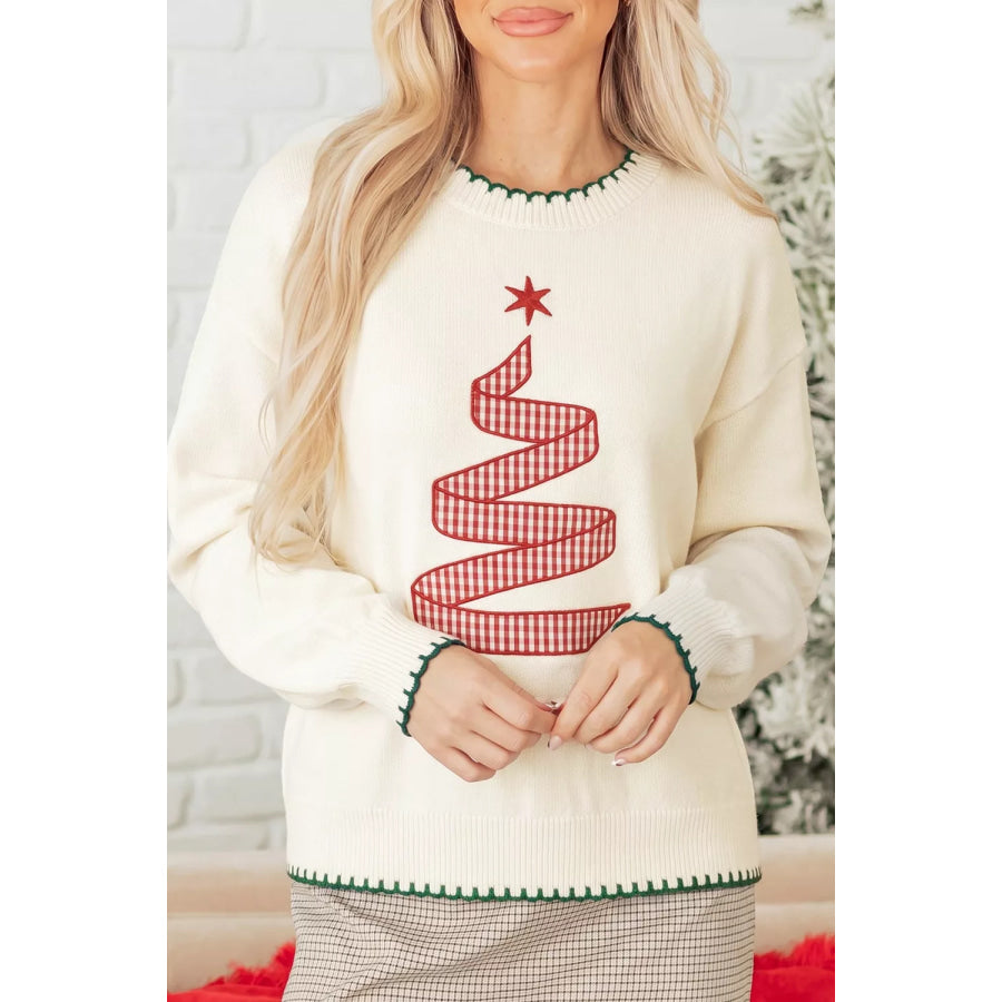 Stitched Detail Christmas Tree Holiday Casual Sweater Cream / S Apparel and Accessories