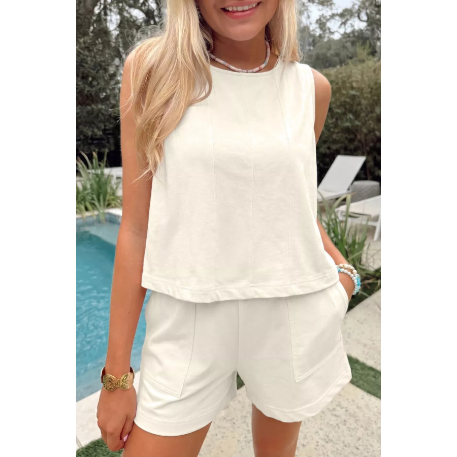 Stitched Detail Loose Tank Top Cotton 2pcs Short Set Beige / S Apparel and Accessories