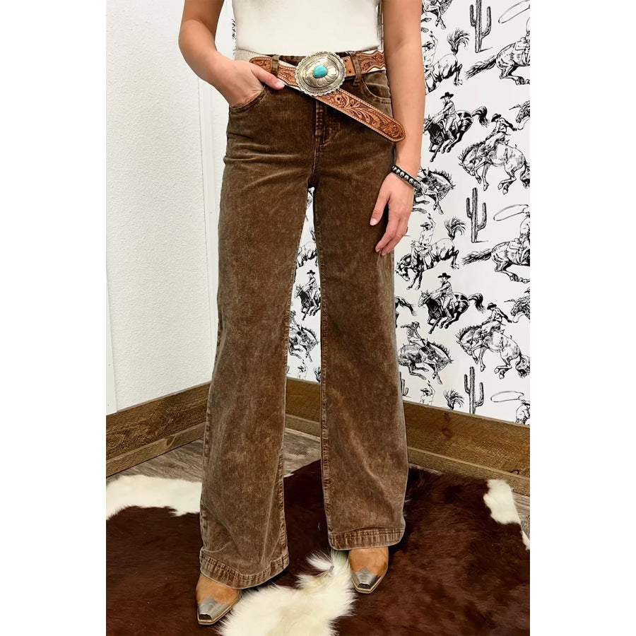 Straight Leg Corduroy Metal Button Zip-up Pants Apparel and Accessories