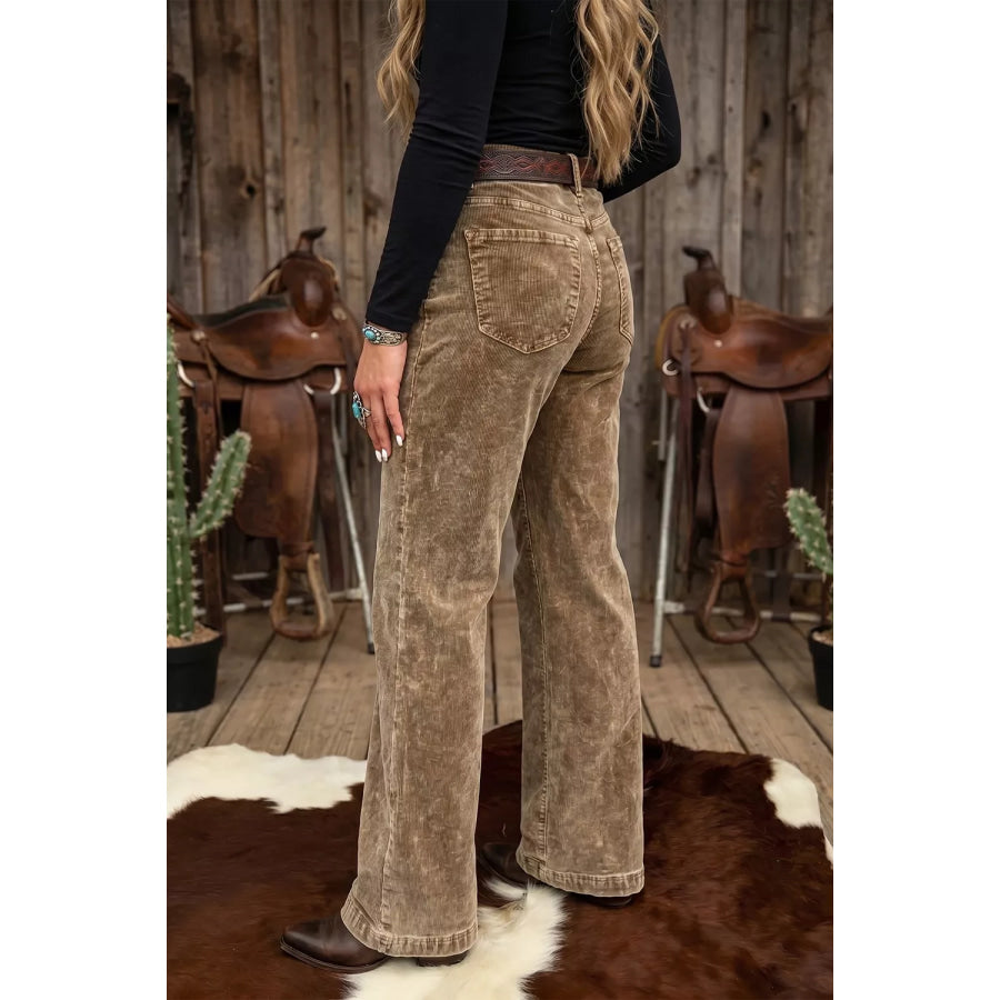 Straight Leg Corduroy Metal Button Zip-up Pants Apparel and Accessories