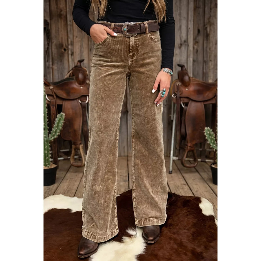 Straight Leg Corduroy Metal Button Zip-up Pants Taupe / S Apparel and Accessories