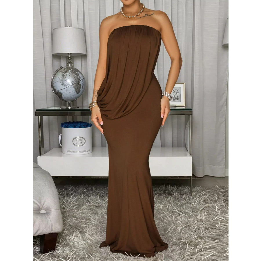 Strapless Draped Maxi Dress Brown / S Apparel and Accessories