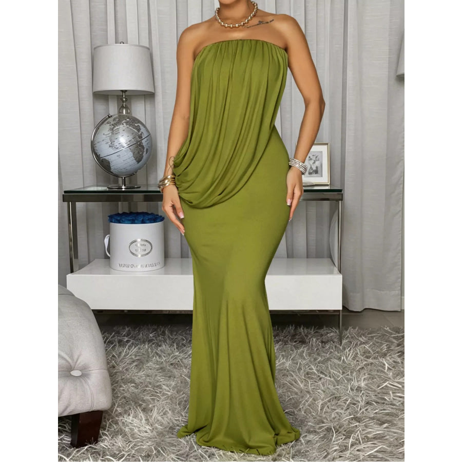 Strapless Draped Maxi Dress Green / S Apparel and Accessories
