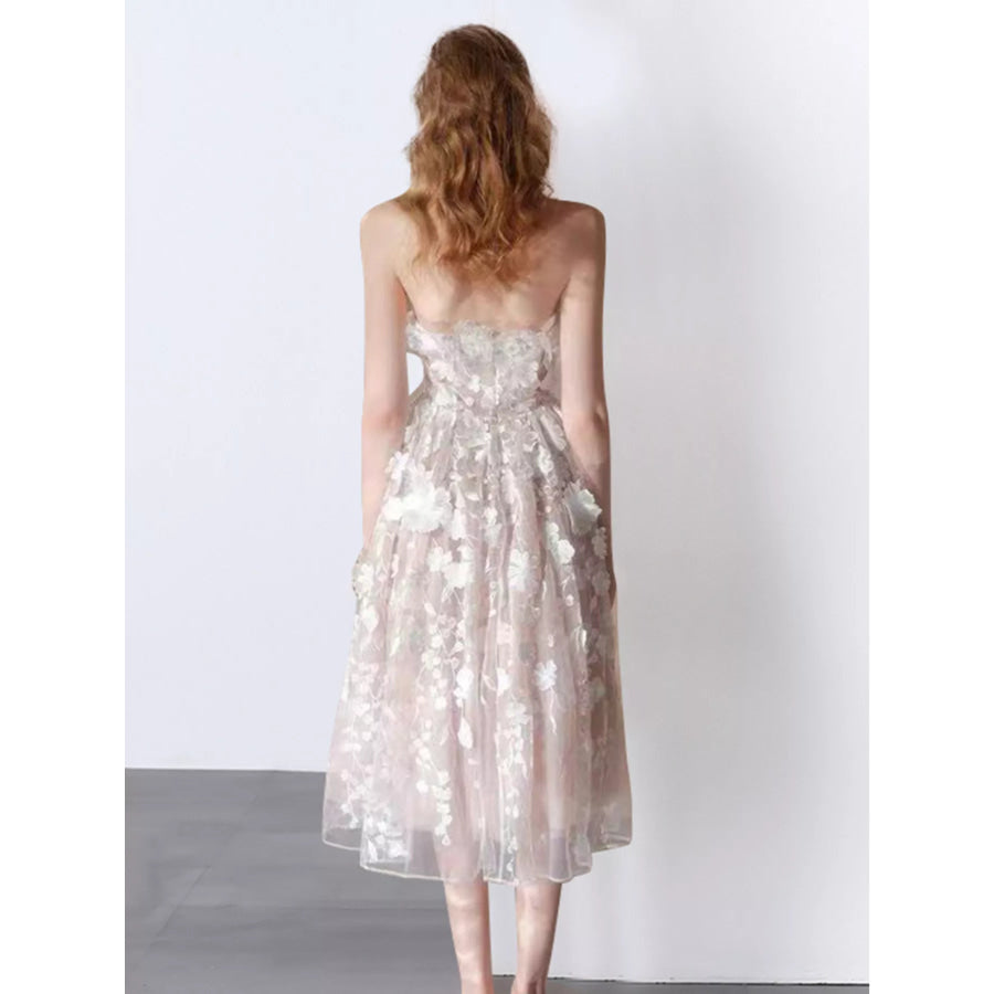 Strapless Floral Applique Midi Dress Apparel and Accessories