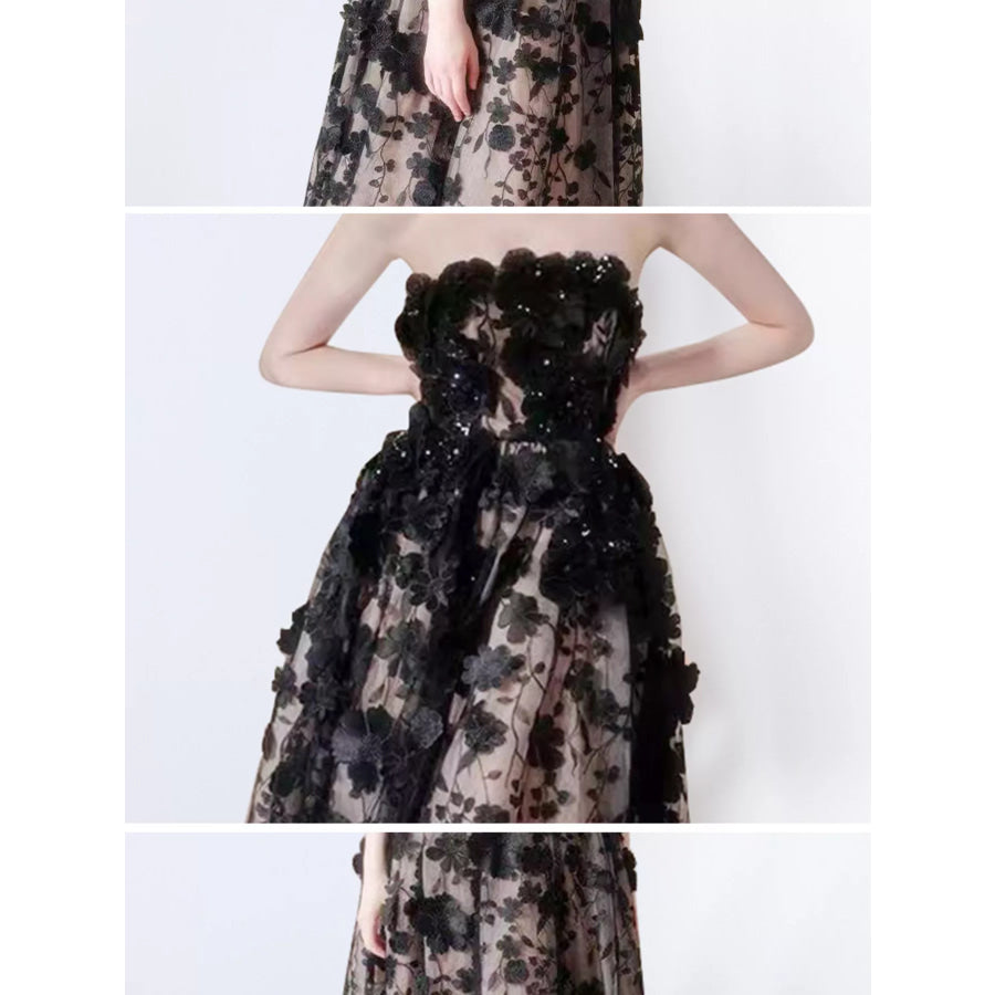 Strapless Floral Applique Midi Dress Apparel and Accessories